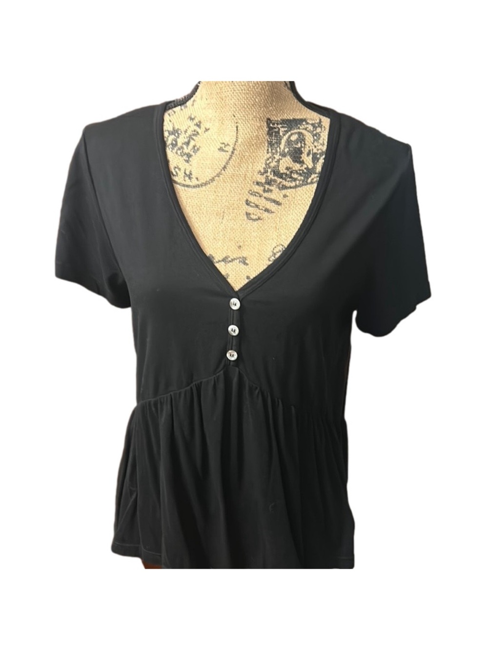 Anthropologie Black Short-Sleeve V-Neck Button Peplum Top